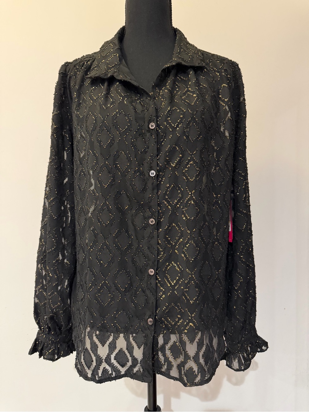 NWT Vince Camuto Black Gold Metallic Sheer Blouse Size M